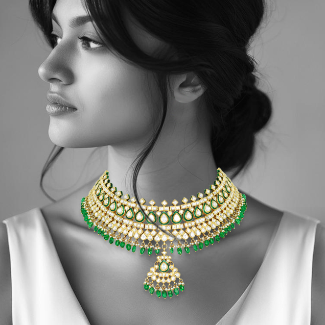 Polki Choker with Green Meenakari and Emerald Maniya
